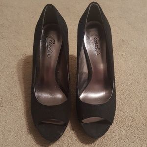 Candies black velvet peep toe platform heels